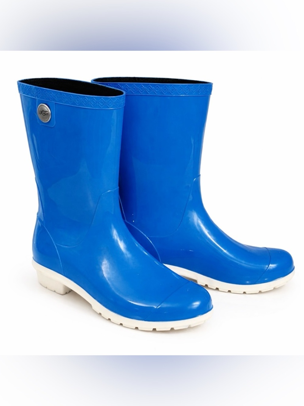 UGG cobalt blue rubber rain boots. White sole, silver tone button- 9